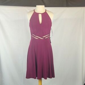 XSCAPE Fit & Flare Dress Size 14 Burgundy Halter Sheer Cutout Cocktail Romantic